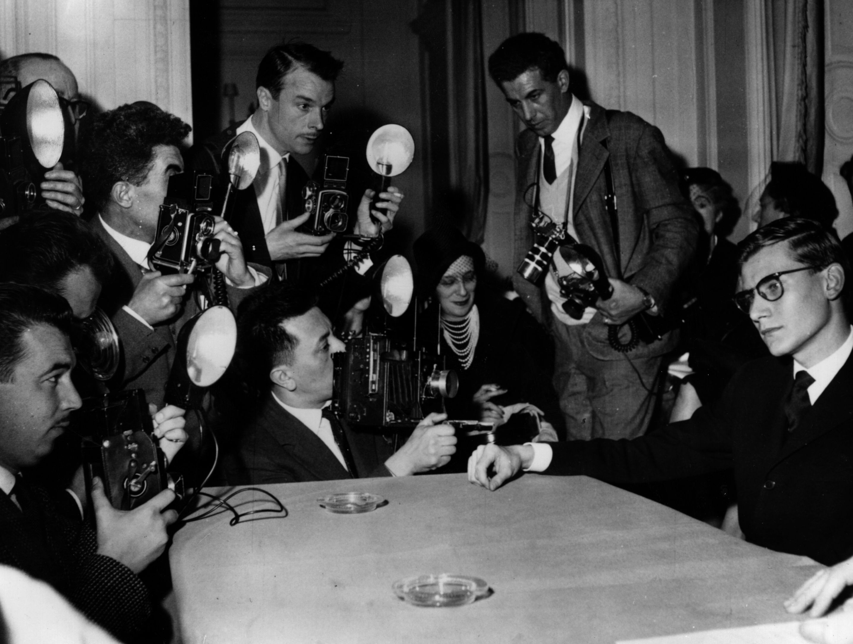 21-year-old Yves St Laurent, at a press conference, shortly after the announcement of his new role as Chief Designer of the Dior fashion house. (Photo by Keystone/Getty Images)