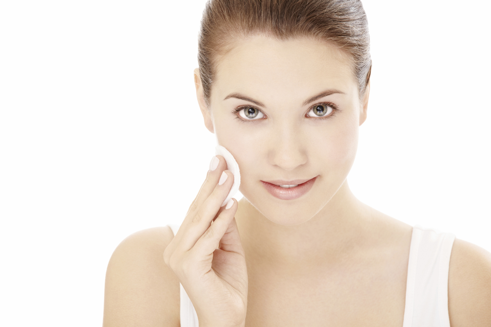 Portrait of girl having the face processing, isolated on a white background